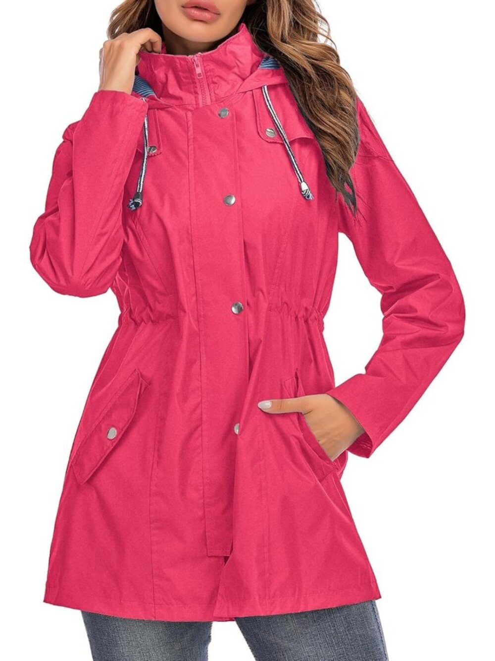 Lightweight Hooded Rain Jacket for Women - Striped Waterproof Windbreaker